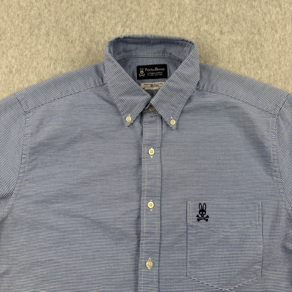 Psycho Bunny Shirt Mens Medium Blue Houndstooth Button Down Preppy Pima Cotton - Picture 3 of 13